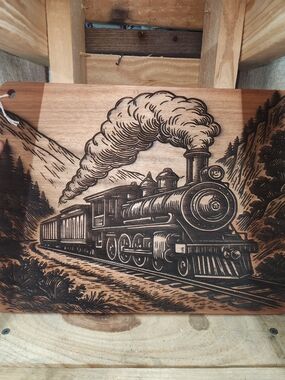 Engraved Wooden Train Wall Art - Steam Locomotive